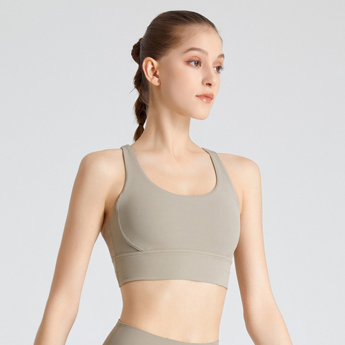 lulu cross back fitness vest nude sports bra European and American women shock-absorbing push-up yoga bra