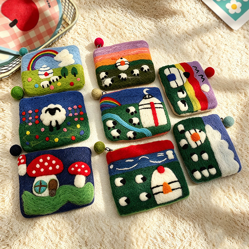 Handmade wool felt coin purse, cute mushroom bag, grassland cartoon lamb phone bag, yurt scenery handbag