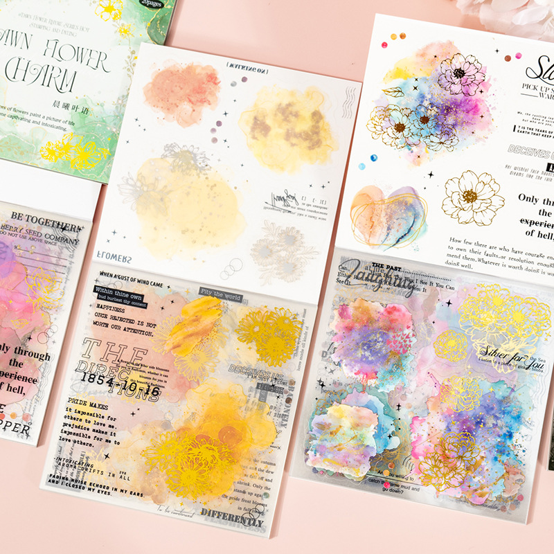 Pasta de tomate estampada en caliente, papel adhesivo, luz de la mañana, rima de flores, elementos de acuarela, etiqueta de material decorativo de base de cuenta manual