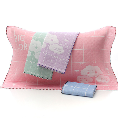 Pure cotton pillow towel, cotton household three-layer gauze pillow towel, student adult male and female couple cartoon jacquard wholesale