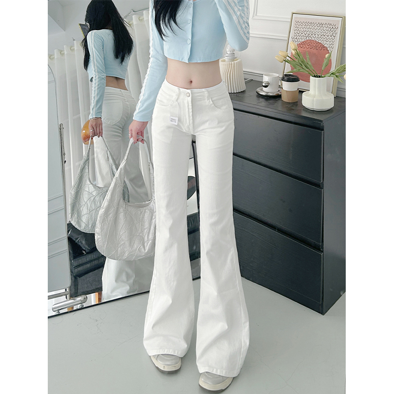 White Jeans with Slight Flare, Slim Fit for Women, Spring and Summer Low-Waist Straight-Leg Denim Bell-Bottom Pants, Slimming Loose Bootcut Pants