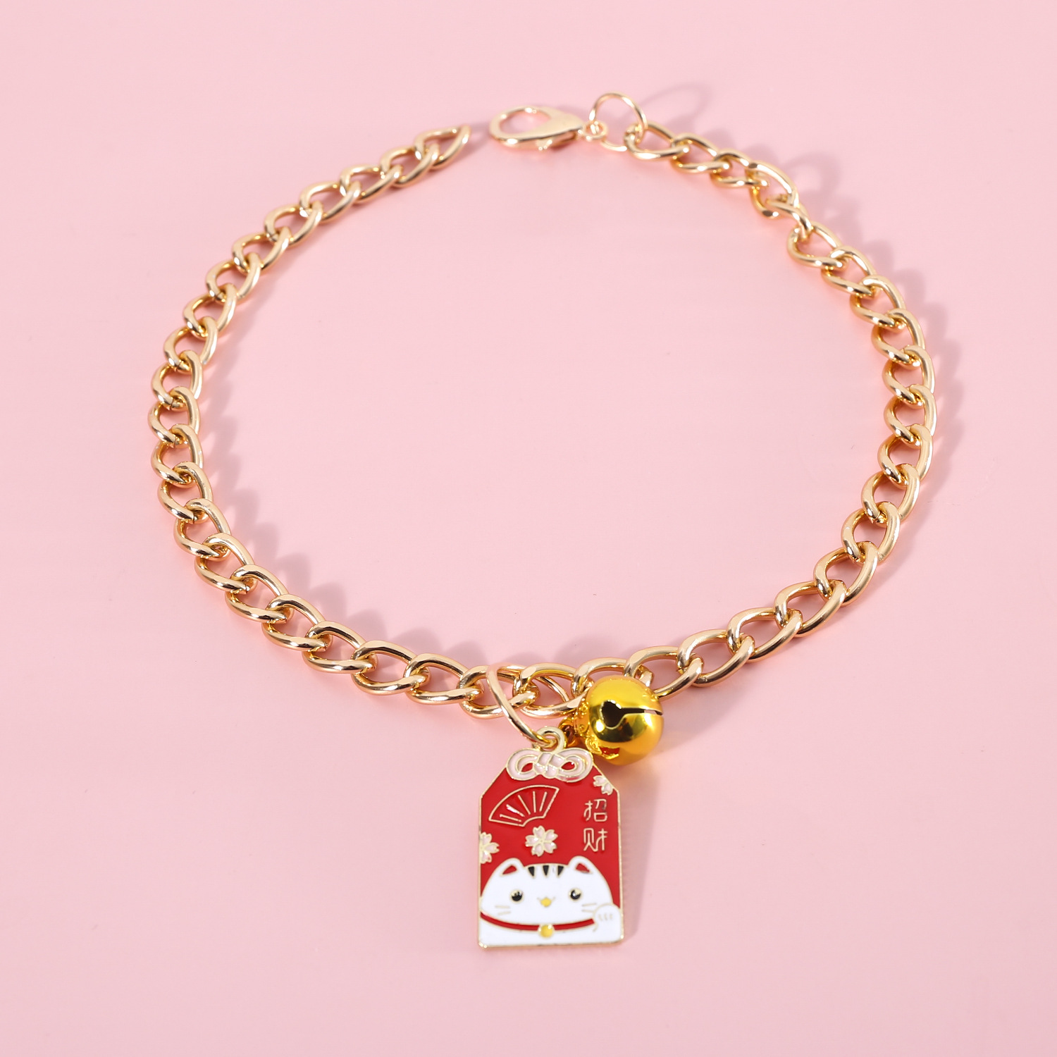 Pet Metal Fu colgante collar de cadena de oro gatos perros Ping An Zhao Kaifeng Cai goteo collar de campana de aceite
