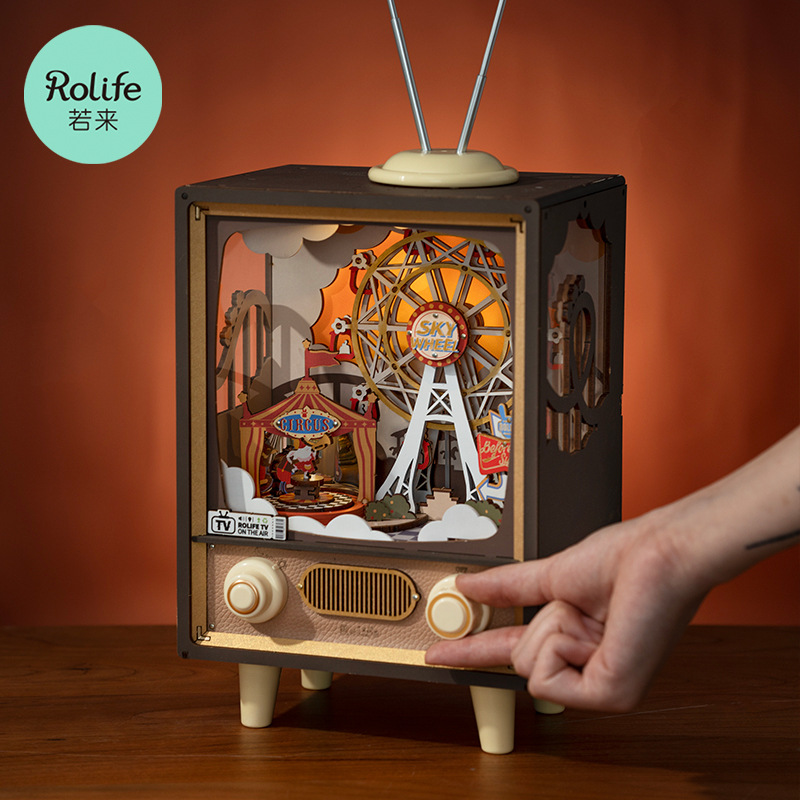 Ruozhilio puesta de sol parque de atracciones de madera montado caja de música rompecabezas tridimensional DIY caja de música de juguete hecho a mano