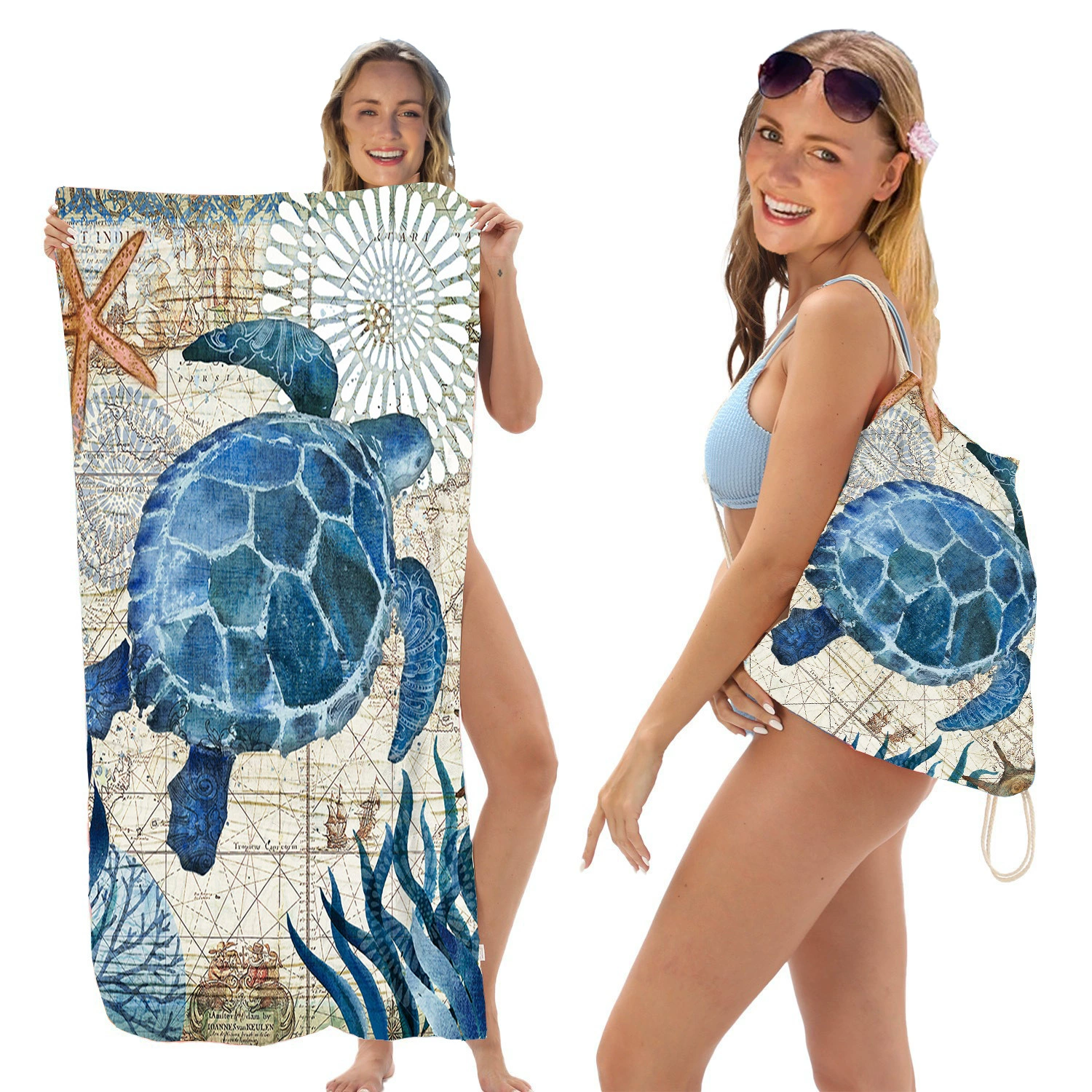 Складное пляжное полотенце с изображением морских животных, универсальное пляжное полотенце, универсальная сумка для хранения