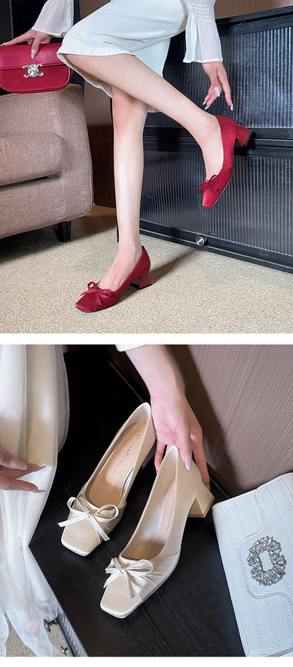 Giày cao gót nữ mũi vuông gót vừa 3–6 cm chất liệu lụa thắt nơ, giày cưới sang trọng — màu đỏ, quả mơ chi tiết 11