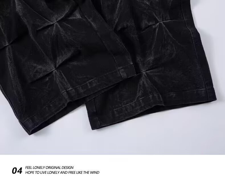 Jeans uomo nero stile retrò con pieghe gamba larga oversize_voghion.com