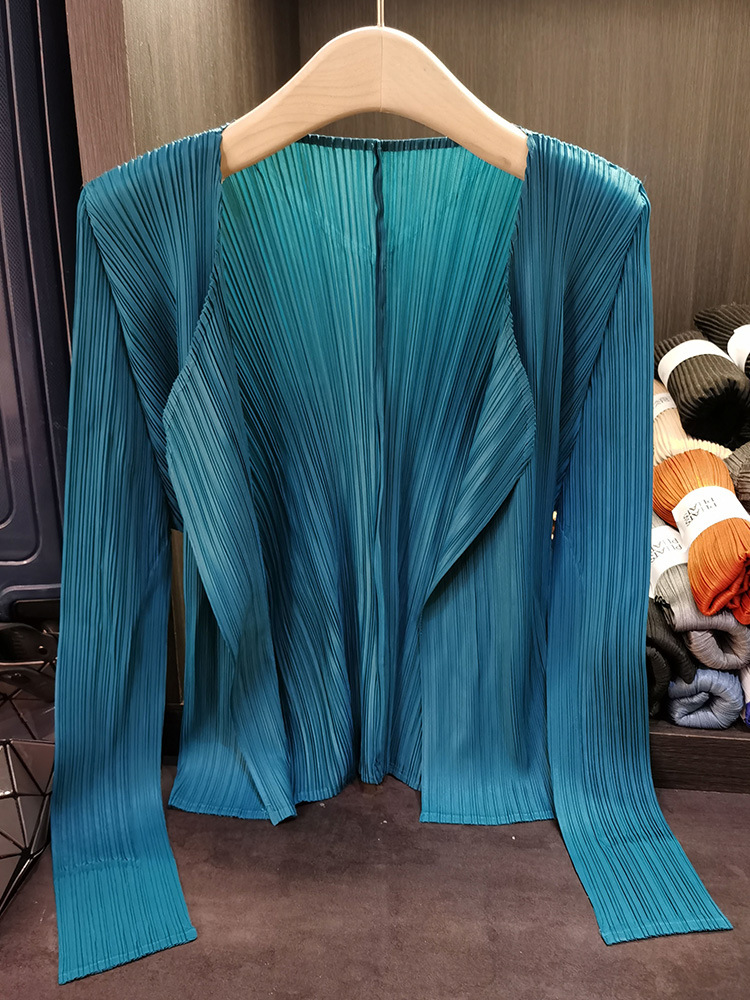 Áo cardigan nữ tay dài xếp ly không cài khuy, phong cách đơn giản cao cấp mùa xuân hè — Màu xanh lam nhạt, Màu đen, Xanh Lông Công, Màu hồng