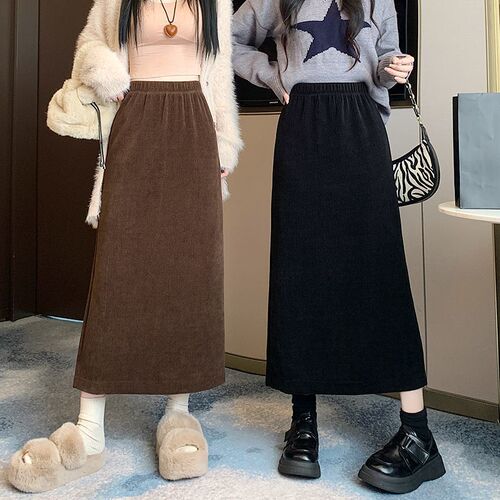 Corduroy autumn and winter velvet skirt for women's mid-long new high-waist slimming one-step dress temperament hip skirt