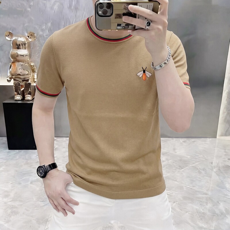 Ice Silk Knitted Short-Sleeve T-Shirt for Men with Embroidery, Summer Slim-Fit Trendy Men's Clothing, Bee Design Fashion Half-Sleeve Tee Ice Silk Knitted Short-Sleeve T-Shirt for Men with Embroidery, Summer Slim-Fit Trendy Men's Clothing, Bee Design Fashion Half-Sleeve Tee