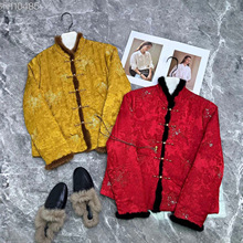 新中式交织提花绣花拼貂毛棉服2025冬季简约轻盈保暖内里夹棉外套