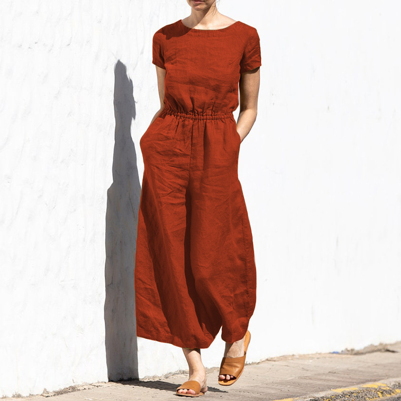 Jumpsuit vu Kotteng a Léngen fir Fraen, ebenfarweg, äermlos, mat Täsch, héich Taille, breet Been, Jumpsuits, lässeg, fir Pendelen, Dammen, Bodysuits_voghion.com