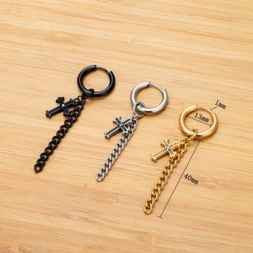 Japanese and Korean new trendy men's cross chain earrings stainless steel earrings hip-hop personality long tassel earrings