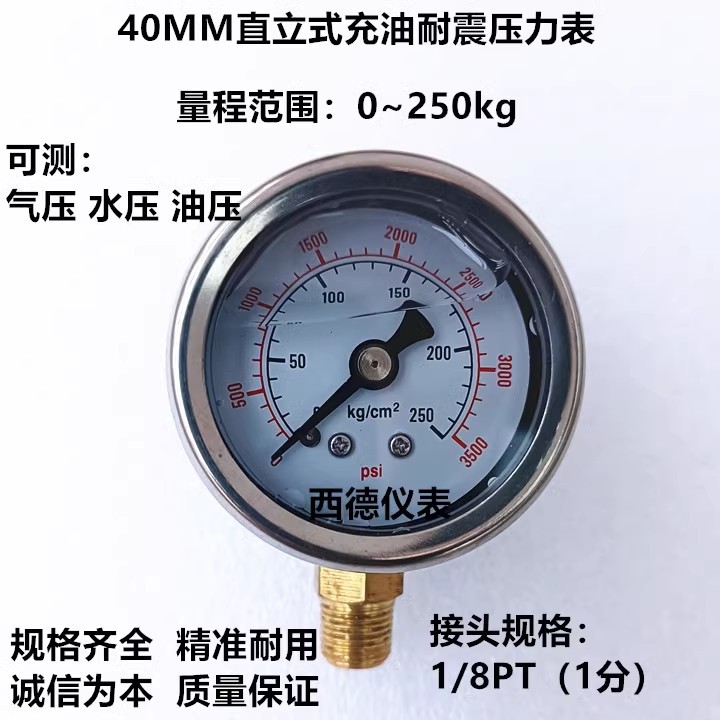 40MM直立式0-250KG充油防震压力表 充油耐震油压表