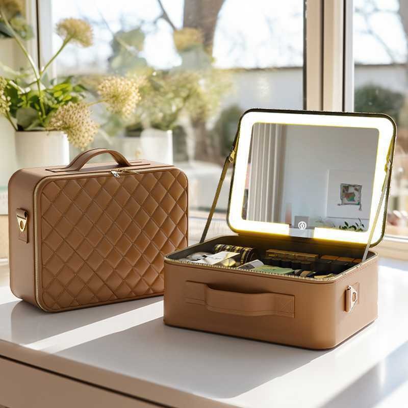Caja de maquillaje de alto valor facial con lámpara LED, maquillaje profesional de gran capacidad, viaje de negocios, caja de almacenamiento de maquillaje portátil