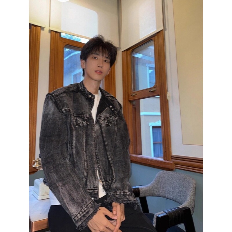 American Spring and Autumn Men's Vintage Short Padded Shoulder Denim Jacket High-End Stylish High Street Clean Motorcycle Jacket