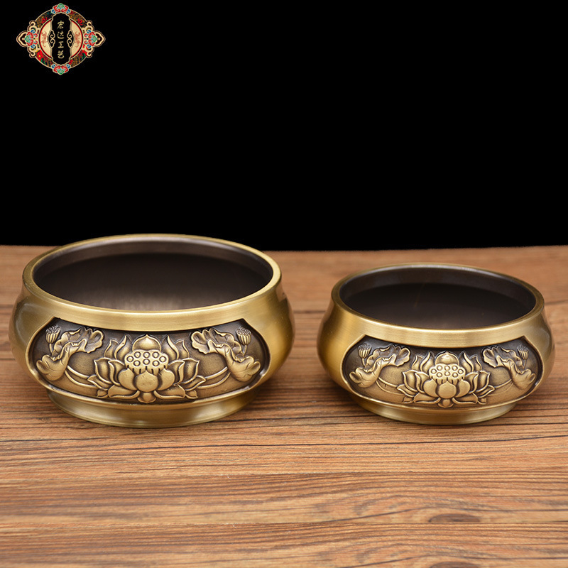 Hongda Brushed Brass Lotus Flat-Bottomed Stove Copper Incense Burner Wholesale Buddhist Offerings Stove Ornaments