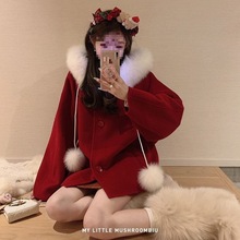新年战袍红色羊毛呢大衣女冬季新款感又见海瑟薇呢子外套