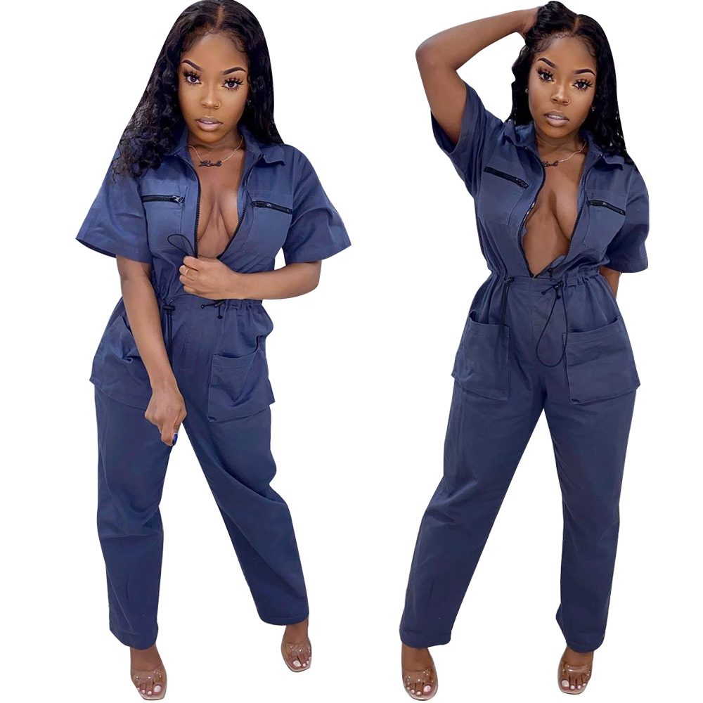 Dam jumpsuit med hög midja och fickor för höst och vinter_voghion.com