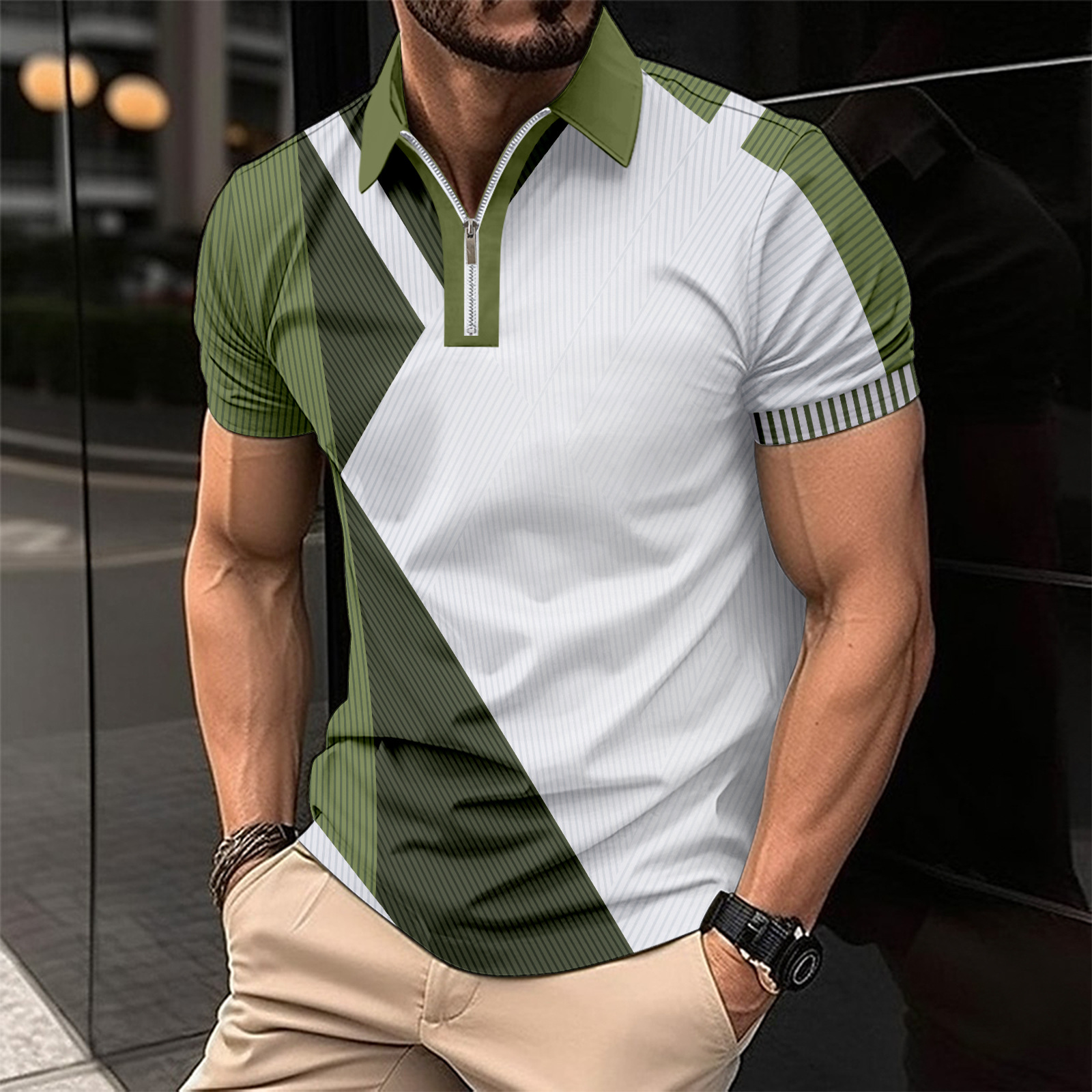 2024 Summer New Men's Casual Short sleeved Flip Collar Zipper POLO Shirt_voghion.com