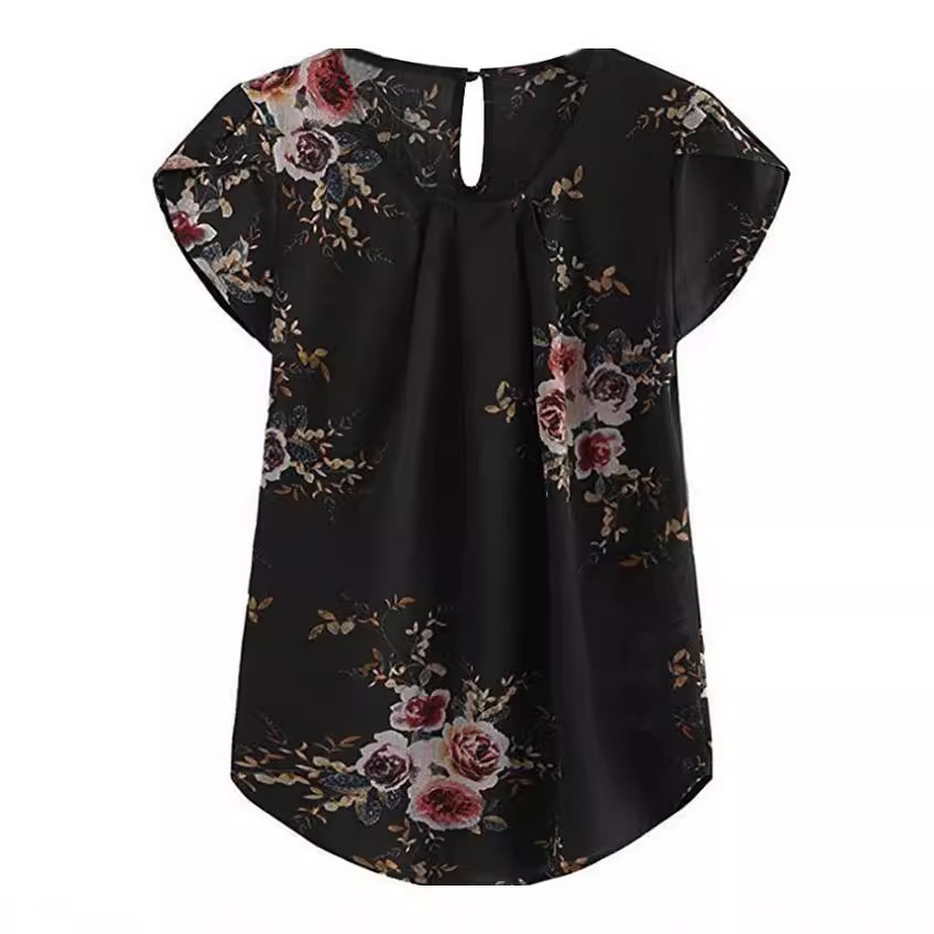 Cross-border 2025 camisa de cuello redondo casual de mujer flor de pliegue delgada venta rápida TONGWISH impresión camisa de manga corta image 3