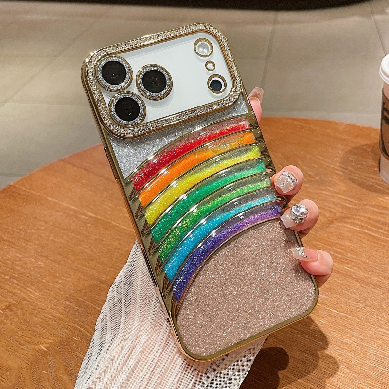 适用iPhone17promax手机壳流沙七彩虹苹果16闪钻15高级感防摔软套|undefined