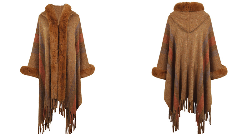 Cape à capuche châle à franges en tricot rayé pour femme_voghion.com