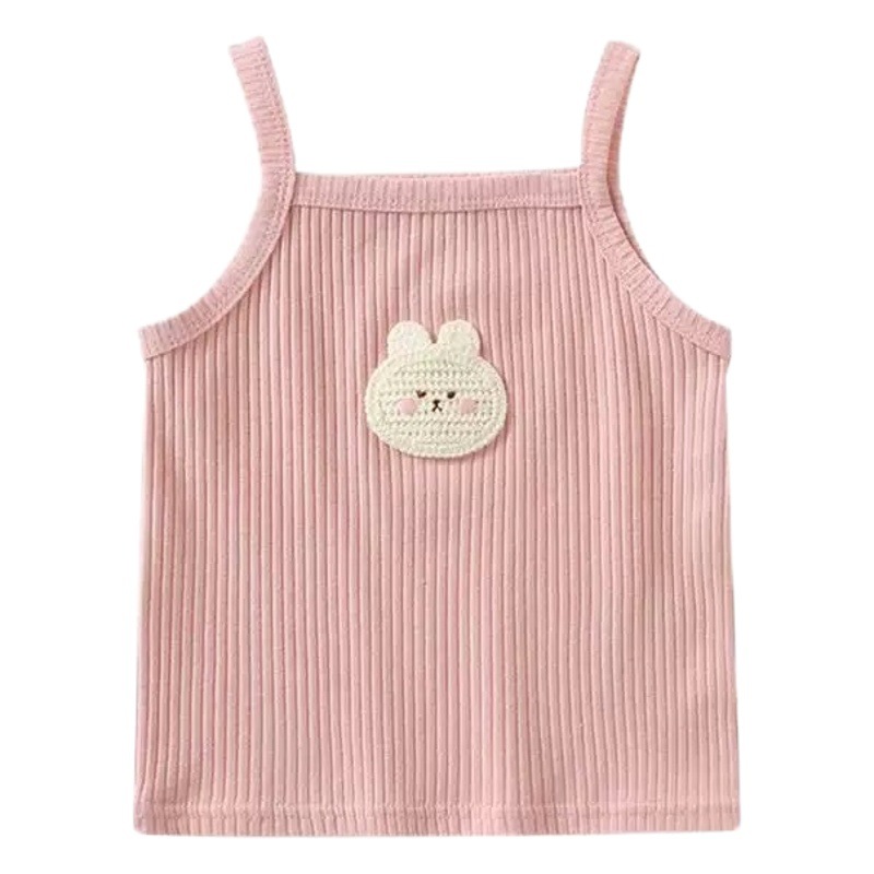Girl's Sleeveless Top with Cartoon Embroidery, Knitted Slim-Fit Stretchy Tank Top, Candy-Colored Summer Ribbed Shirt