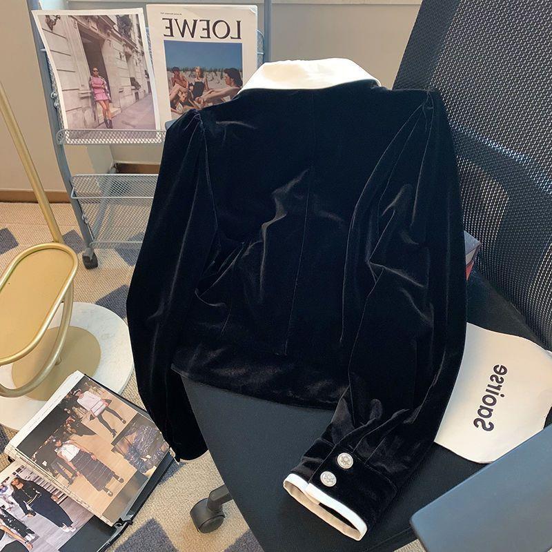 Black Velvet Doll Collar Shirt Women's Sense 2024 Autumn New Fashion Celebrity Western Style Small Top