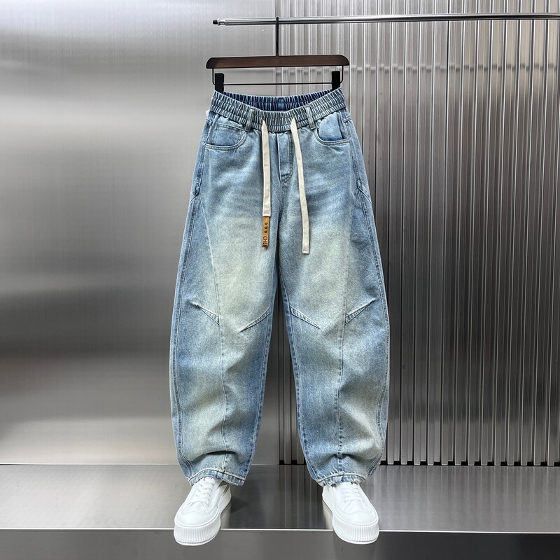 2025 Spring and Autum New Light Blue Jeans Men's Trendy Brand Splicing Wide-Leg Pants Retro Washed Loose Straight Pants