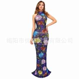 气质Bling水钻花纹性感网纱礼服晚会红毯舞台时装秀连衣裙羽花朵