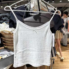 BM风美式复古白色蕾丝边蝴蝶结孔眼吊带背心女bm辣妹纯欲内搭上衣