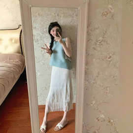 2024夏季定染显白优雅套装慵懒无袖背心上衣褶皱流苏半身裙女