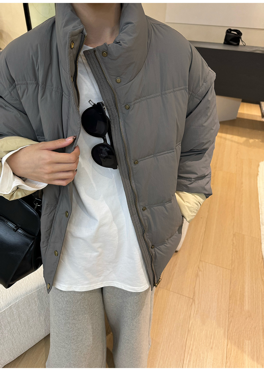 黎诺韩系休闲拼色白鸭绒羽绒服女2024冬季新款立领宽松面包服外套详情8