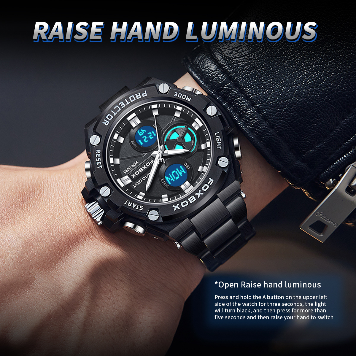 FOXBOX / clásico hombre doble pantalla multifunción reloj de despertador impermeable luz nocturna de moda reloj de pulsera de correa de acero