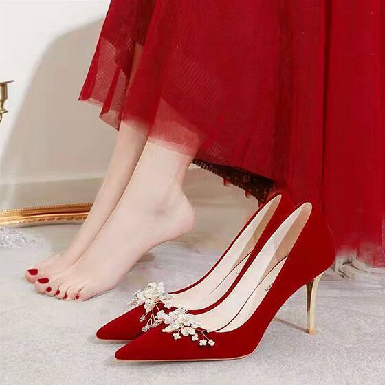 French Stiletto Heel Wedding Shoes 2023 New Women's Wedding Bridal Shoes Xiuhe Dress Wedding Dress Red High Heels