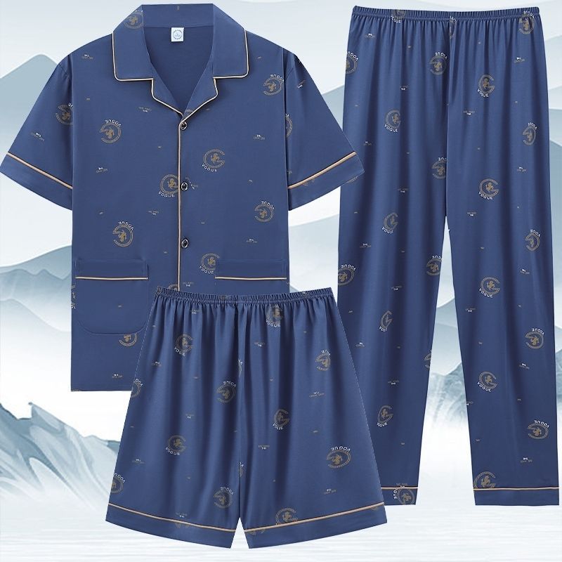 Pajamas de algodón para hombres de verano de mangas cortas pantalones largos de tres piezas para aumentar el peso para hombres de tamaño delgado conjunto de ropa de verano