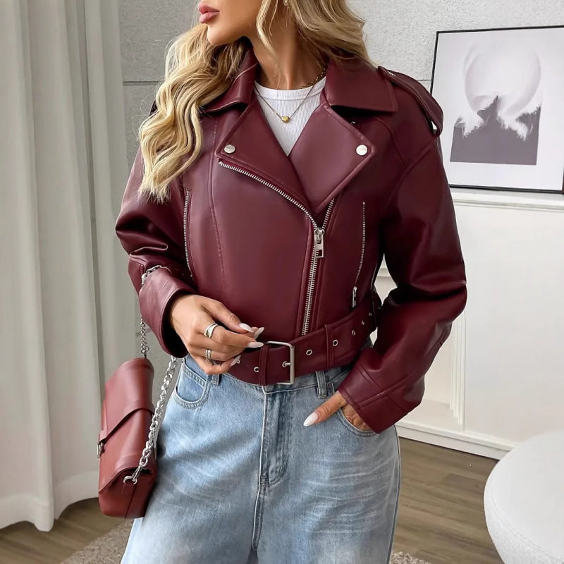 2025 Cross-Border European and American New Women's Leather Jacket Short Hot Girl Street Retro Motorcycle Lapel Pu Leather Jacket