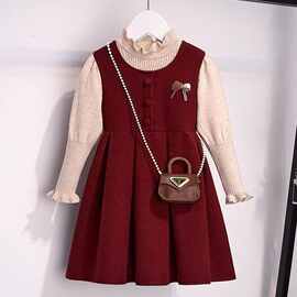 女童红色拜年服连衣裙2026新款冬季大童女孩过年毛衣裙子儿童套装
