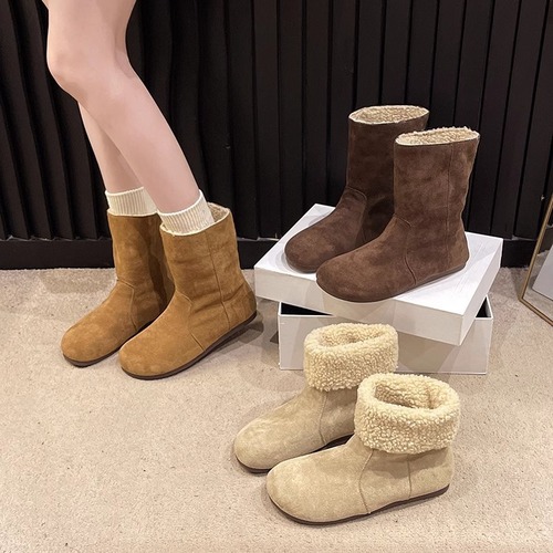 Women's Winter Snow Boots with Double-Wearing Method, Forest System Retro Lambskin Fleece Short Boots with Fleece Lining