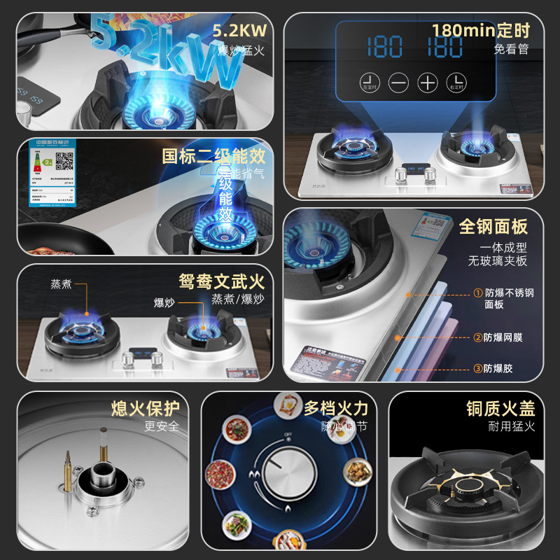 【2025 New Product】New Model of Household Gas Stove with Integrated Pure Stainless Steel Panel for Family Banquets
