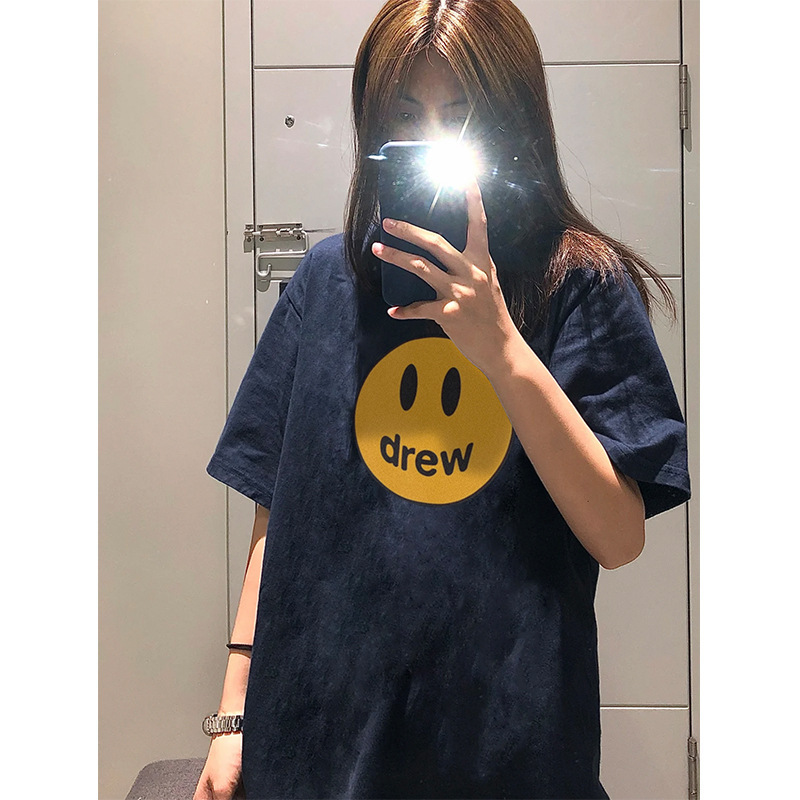 drew Short-sleeved Women's Smiley Face Niche Design Sense High Street Half-sleeved Couple's American Top Trendy Ins Summer plus size T-shirt