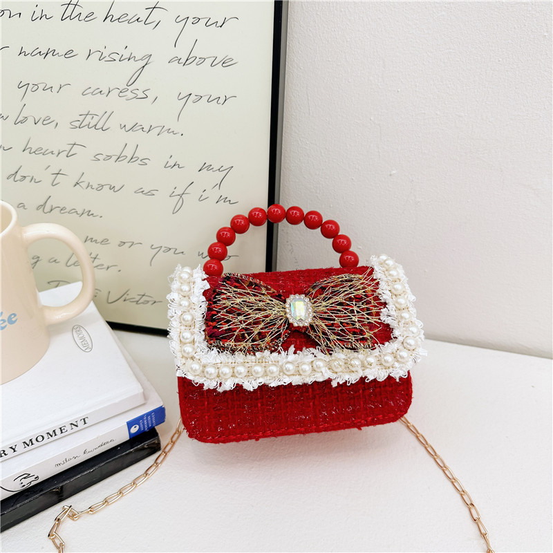 Año Nuevo gran bolso cuadrado rojo para niños bolso de perla bebé lindos bolso de cadena de arco bolso de cambio de niñas