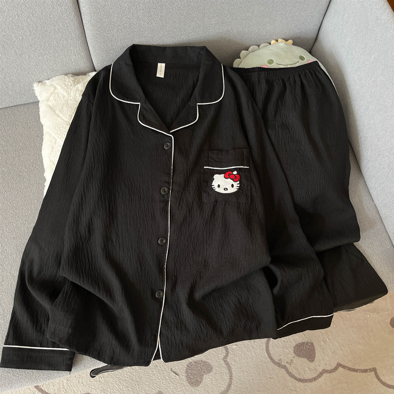 宝蓝格子HelloKitty纯棉纱布情侣睡衣女春秋款长袖男士家居服夏季|undefined