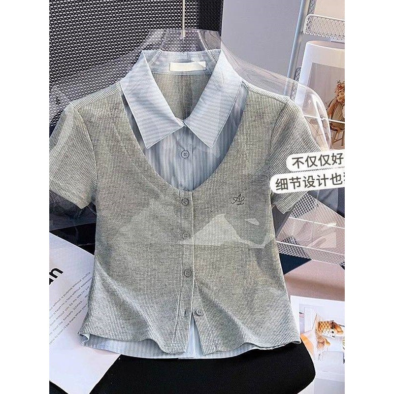 Academy Style Turn-Down Collar Polo Shirt Short-Sleeve T-Shirt for Women 2026 New Summer Slim-Fit Short Fake Two-Piece Top Academy Style Turn-Down Collar Polo Shirt Short-Sleeve T-Shirt for Women 2026 New Summer Slim-Fit Short Fake Two-Piece Top