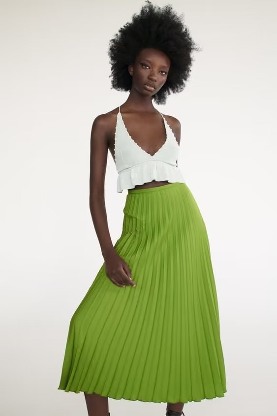 solid color side zipper high waist pleated midi skirt NSAM136082