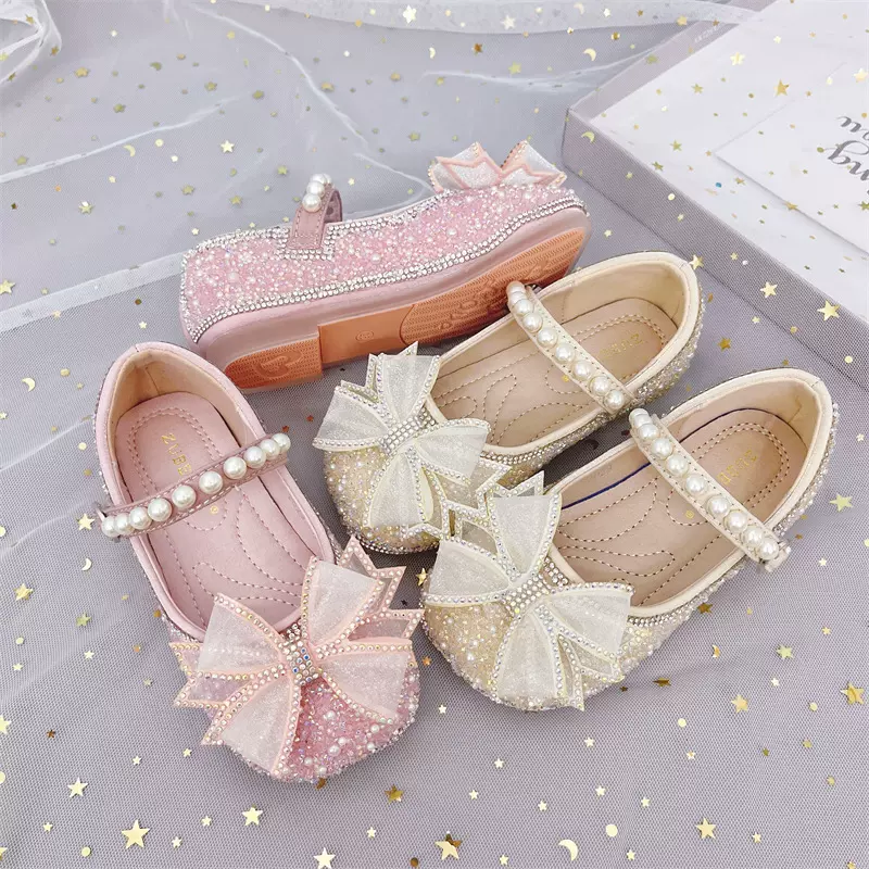 女童水晶鞋子2025春季新款软底儿童爱莎公主鞋宝宝单鞋蝴蝶结皮鞋