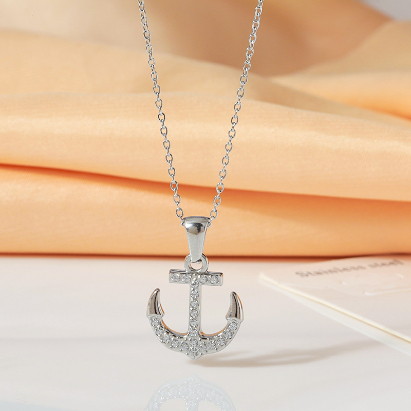 Collana semplice in acciaio al titanio con nave pirata vintage, stile hip hop, ancora, punk, non sbiadisce, con zircone femminile, catena per clavicola con senso avanzato_voghion.com