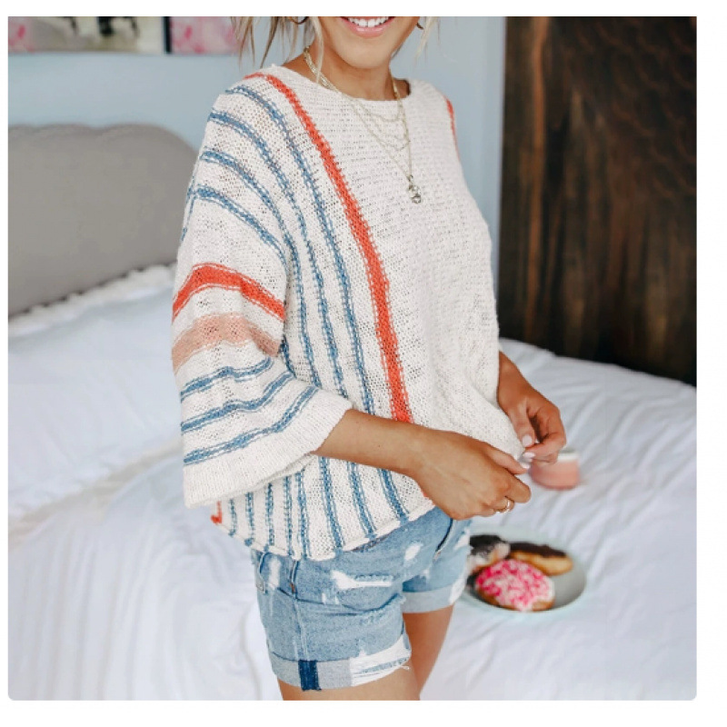 Women's 2026 Cute Summer Autumn Color Block Striped Lightweight Comfortable Cable Knit Beach Pullover Sweater Women's 2026 Cute Summer Autumn Color Block Striped Lightweight Comfortable Cable Knit Beach Pullover Sweater