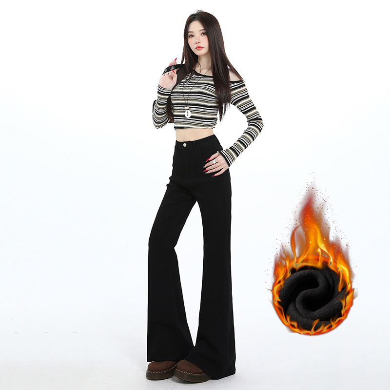 Thirteen Lines Yunheyu Ykk Zipper Winter Fleece-Lined Thick Loose High-Waisted Flared Jeans for Women