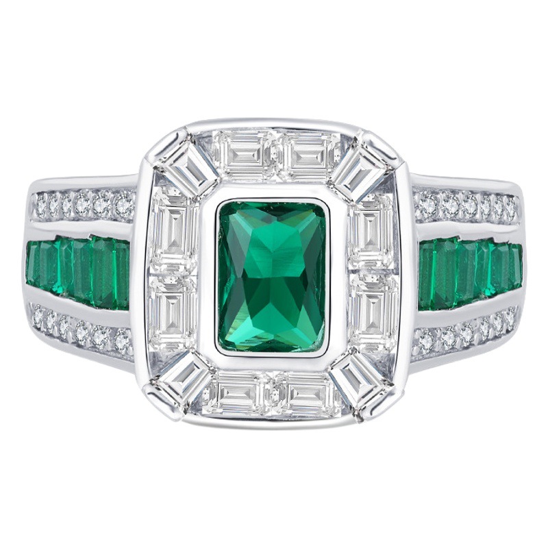 Zhuang Sheng joyería S925 plata color tesoro simulación Diamante Blanco Diamante Verde clásico diamante cuadrado anillo Esmeralda hembra Piedra Principal 5*7